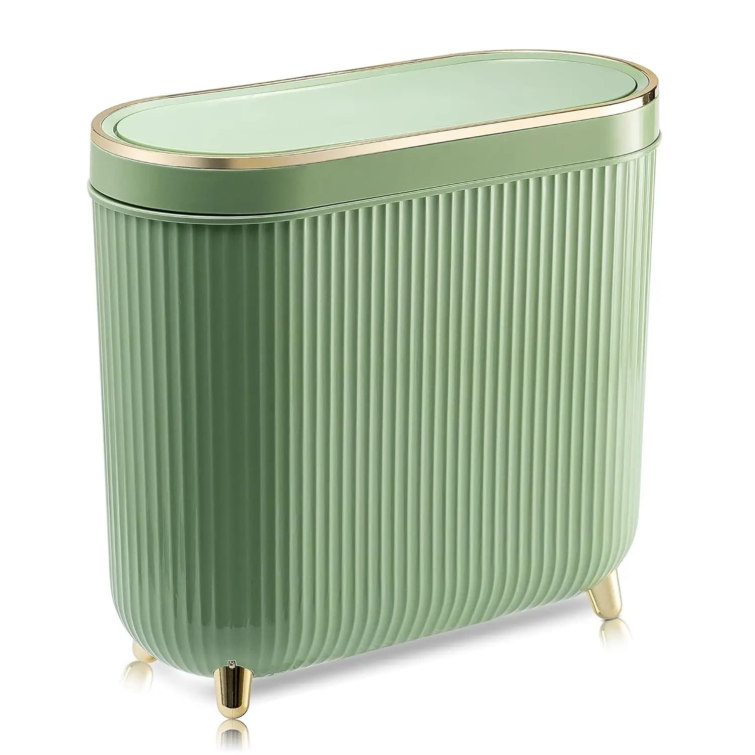 Cestino per Rifiuti da Bagno Verde Menta con Coperchio a Pressione, Contenitore in Plastica Stretto e Piccolo da 3,2 Galloni per Camera da Letto e Bagno