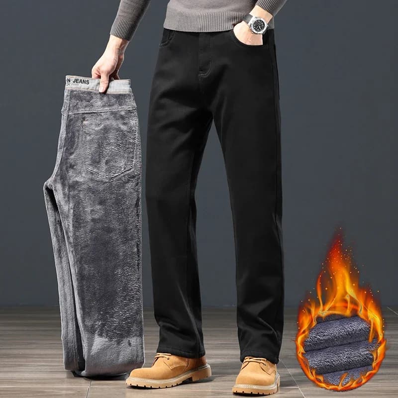 Jeans caldi in pile da uomo invernali classici pantaloni casual da lavoro dritti larghi in peluche nero abbigliamento termico maschile 40 42 44