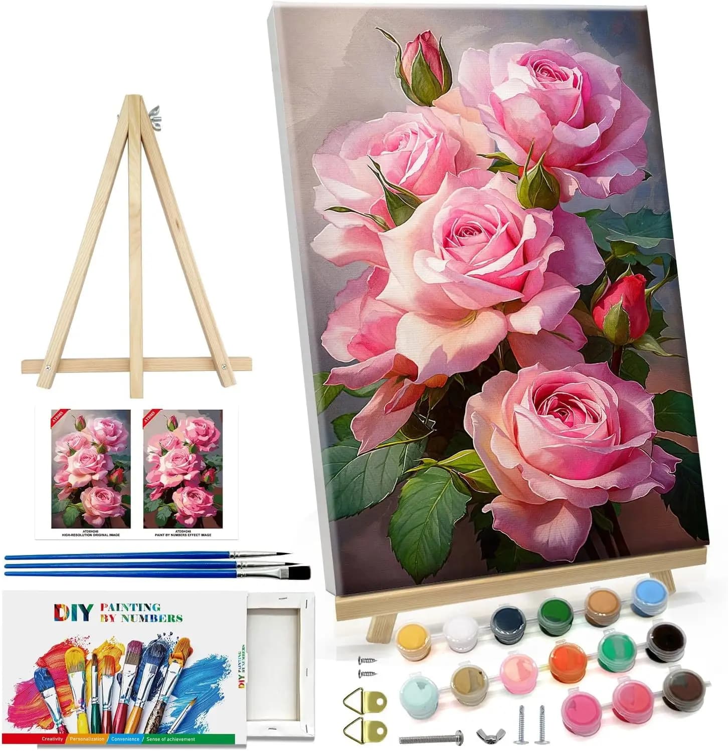 DIY Paint by Numbers Kit for Adults with Frame, 8x12 Inch Floral Oil Painting on Canvas with Easel, Home Wall Decor