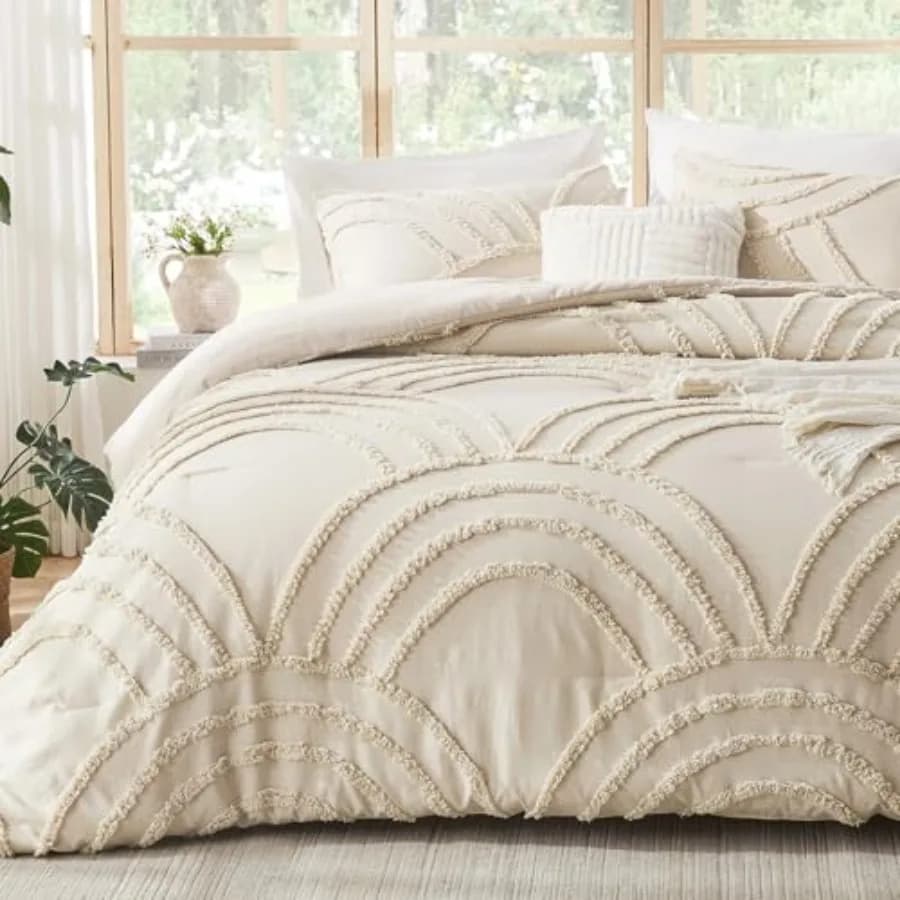 Set Boho Trapuntato Arcobaleno per Letto di Dimensioni Standard, Arredamento Boho Chic, 3 Pezzi, Piumino Leggero e Morbido in Microfibra Color Crema con
