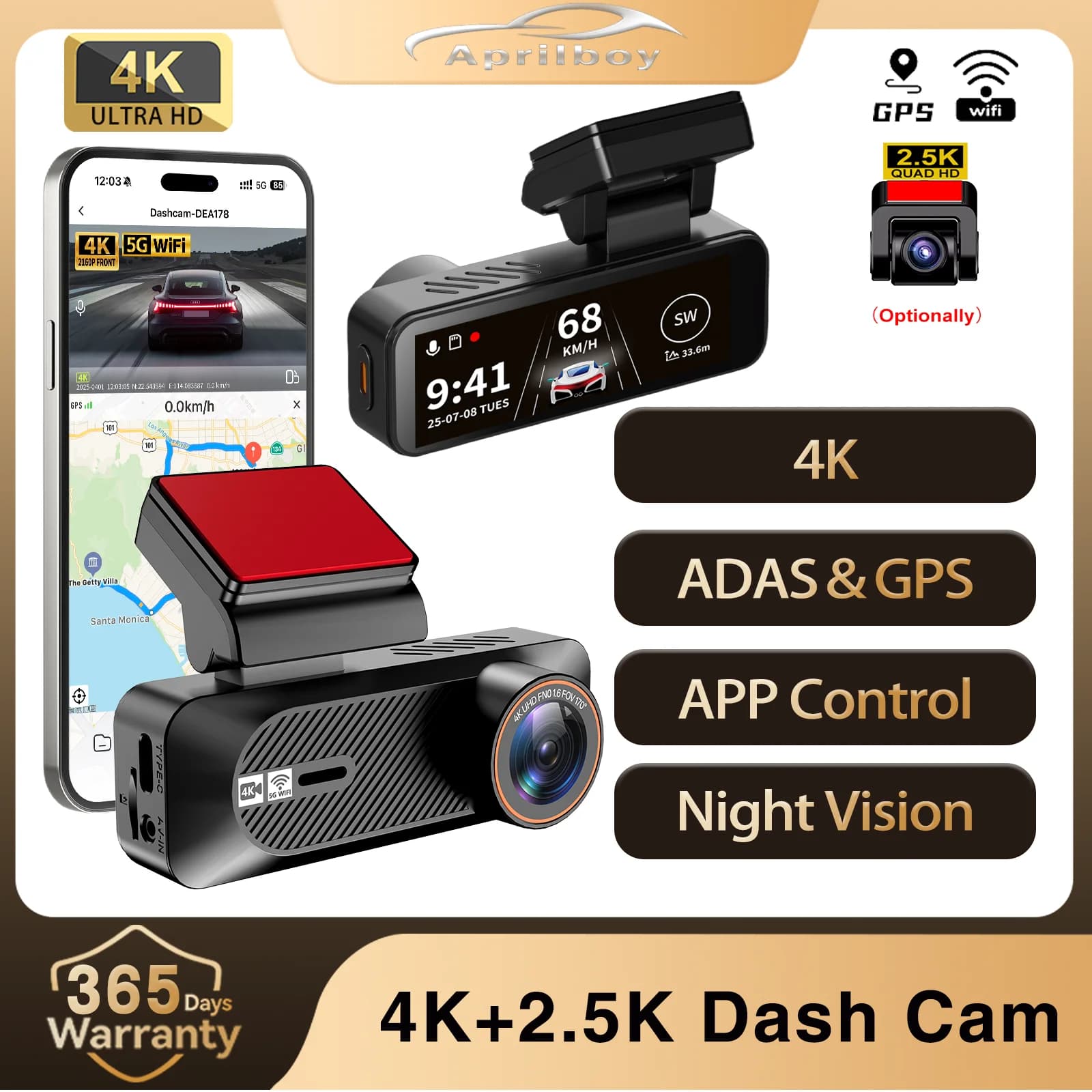 Dash Cam Aprilboy 4K+2.5K with GPS, WiFi 5.8GHz, Sensor G, Night Vision and Monitoring Parking 24H