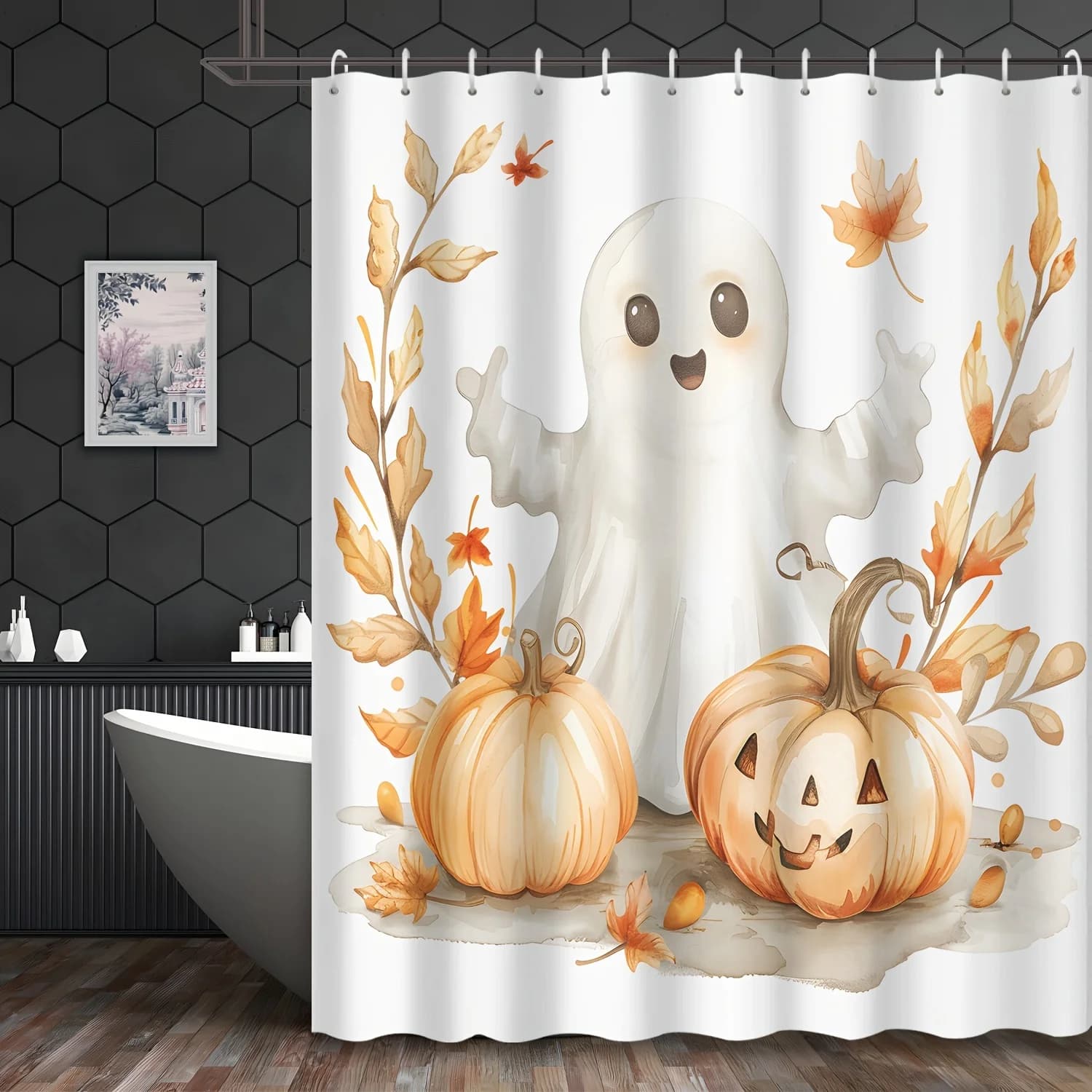 Festive Halloween Bath Shower Curtain: Cute Cartoon White Ghost, Fall Leaves, and Jack-o'-Lantern Pumpkins