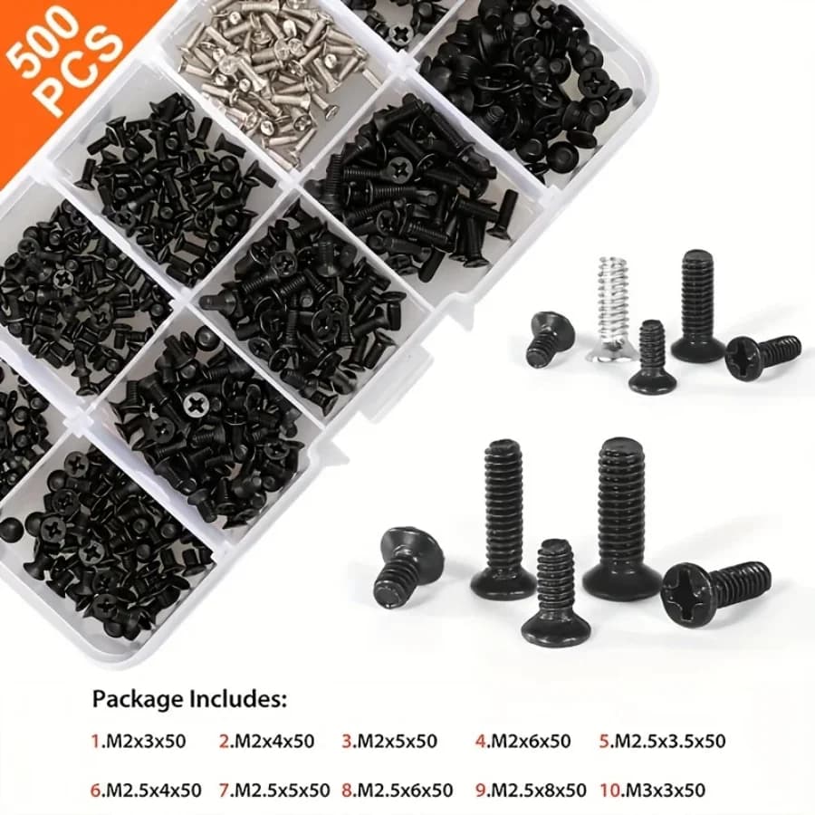 Set di 500 mini viti per computer in acciaio al carbonio M2 M2.5 M3, kit di viti per notebook e laptop.