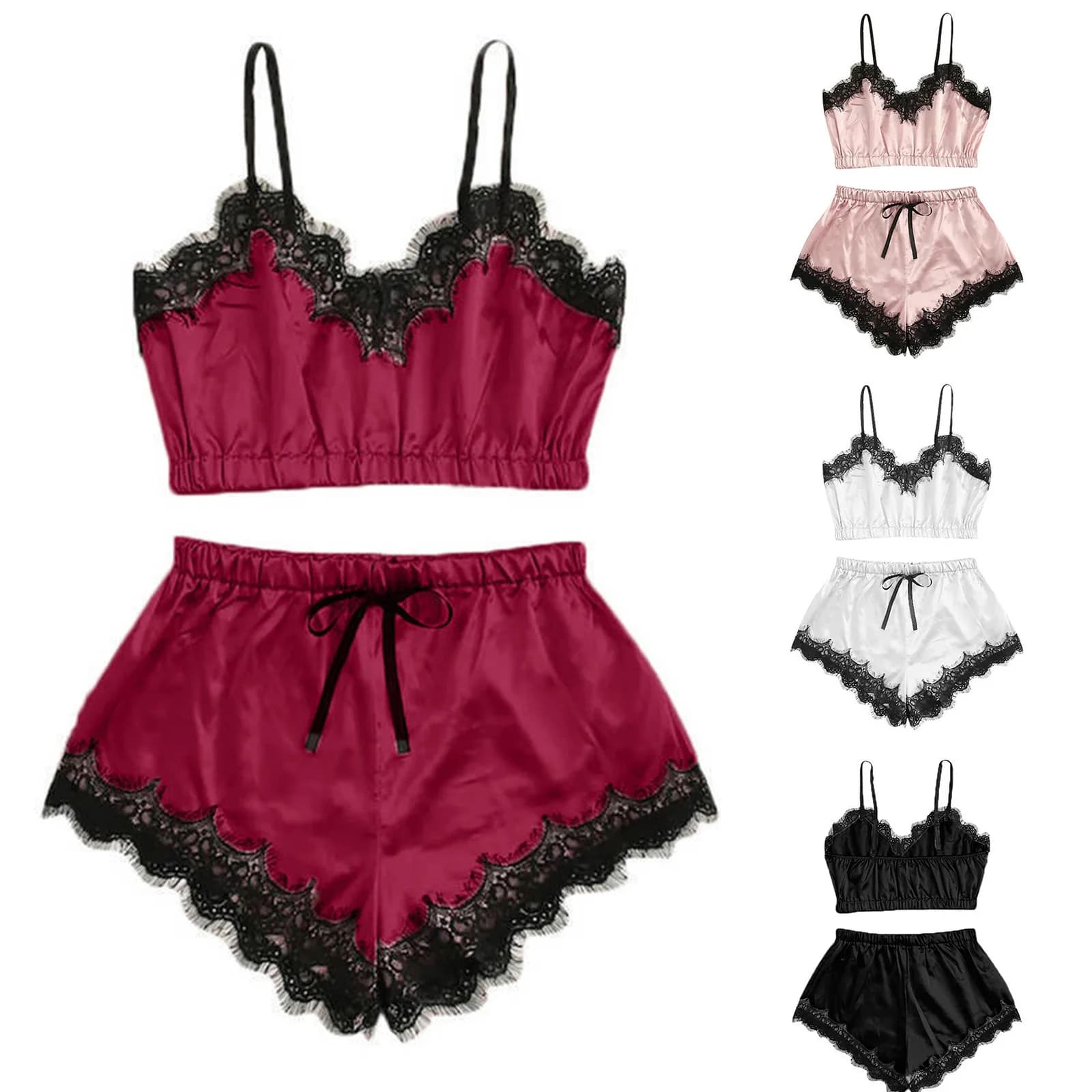 Pigiama a due pezzi con bordi in pizzo per donna, pigiama estivo e autunnale, top sexy con bretelle, pigiama in seta ghiaccio, abbigliamento da casa per donna