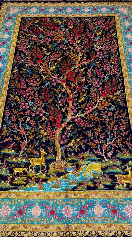 Turkish Silk Rug, Tree of Life Rug, Black Floral Carpet Home Decoration Mats