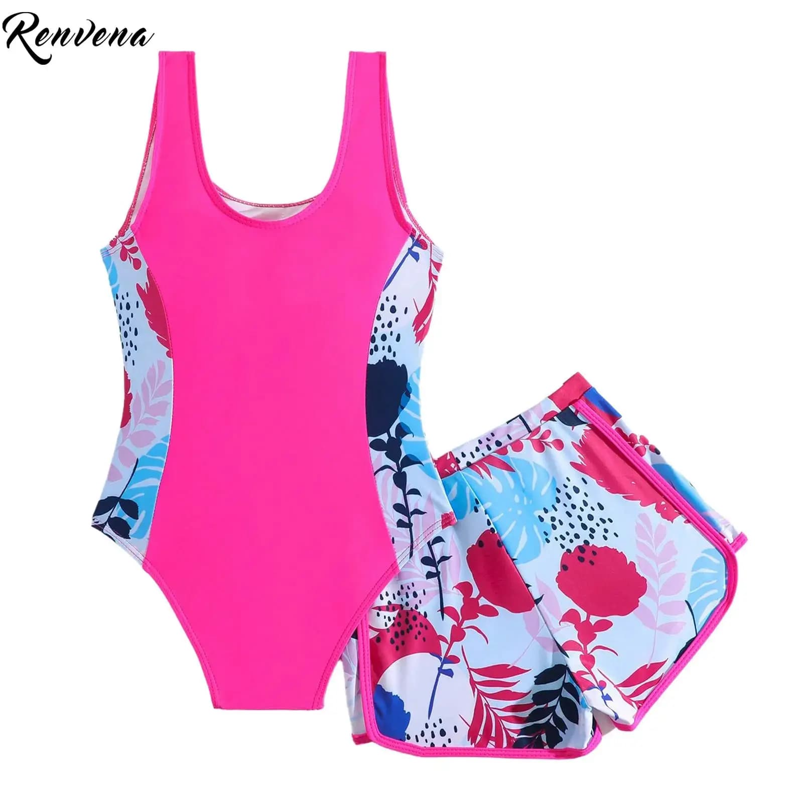 Costume da bagno intero senza maniche con stampa per bambine, con pantaloncini, set rash guard per vacanze al mare