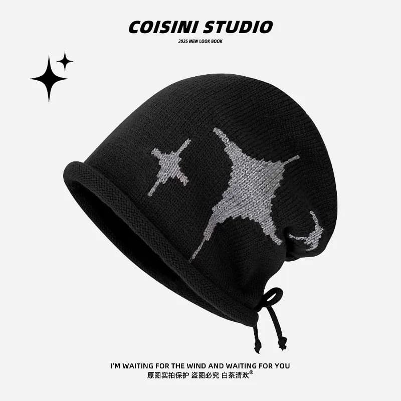New Fashion Curling Drawstring Beanies for Women Autumn and Winter Warm Ear Protection Versatile Retro Knitted Pullover Hats