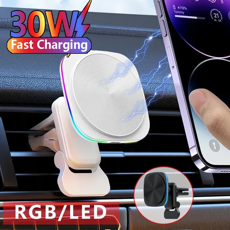 30W Magnetic Car Wireless Charger Phone Support RGB Car Support for iPhone 15 14 13 12 Pro Max Fast Charging Station for Car