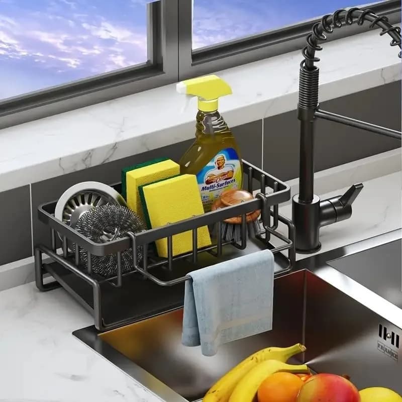 Sponge Holder For Kitchen Sink, Black Kitchen Sink, Rustproof 304 Stainless Steel Dish Sponge Organizer With Detachable Dishcloth Rack, Bathroom Organizer, Dish Soap Dispenser