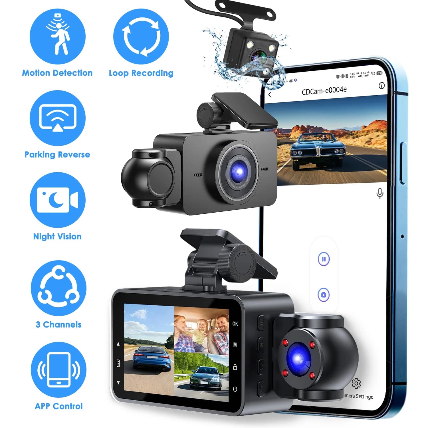 Dash Cam to 3 Channels for Cars, Full HD 1080P Front Camera (140°) ° Wide Vision (Wide View) with Interior Cameras and 480P Rearers, 360° ° Vehicle Protection
