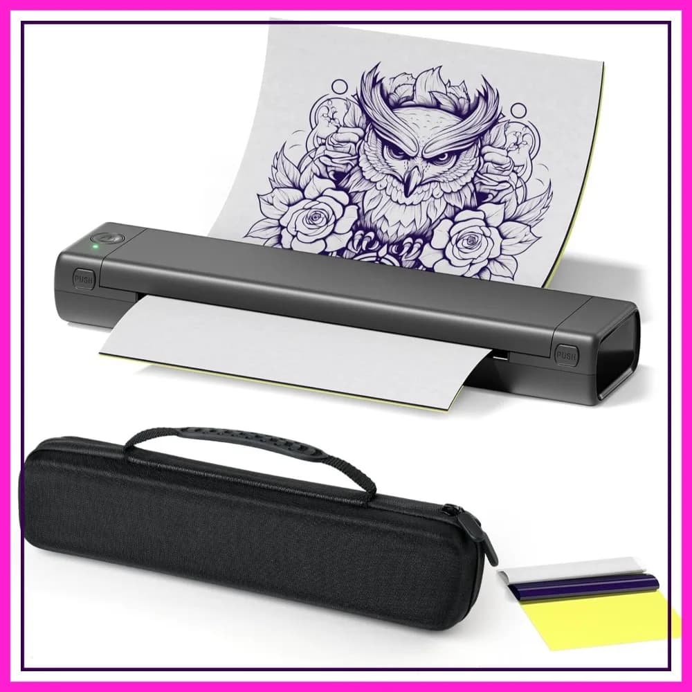 Stampante Wireless per Stencil Tatuaggi - Copiatrice Termica Bluetooth con 10 Fogli di Trasferimento, Custodia per il Trasporto, Compatibile con Smartphone e PC