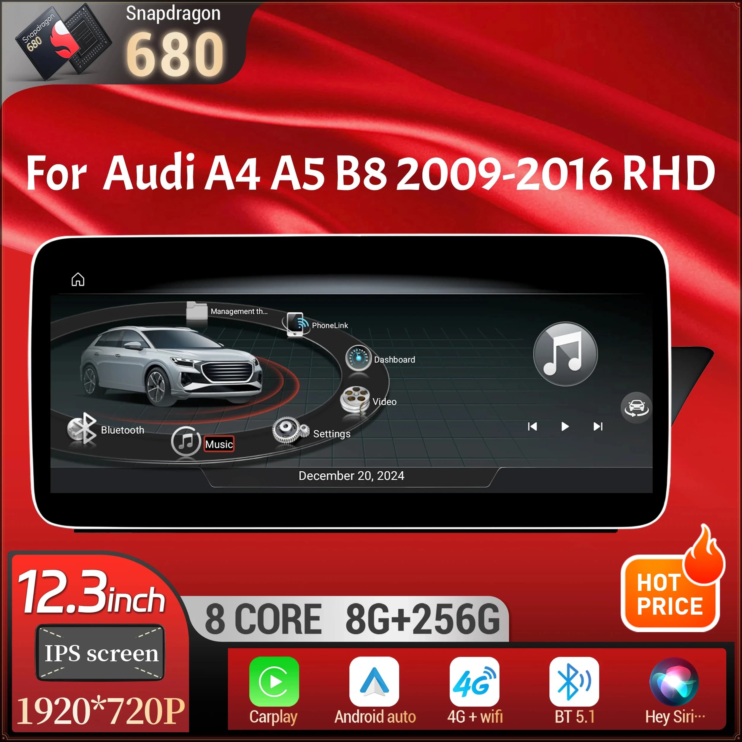 12.3 inch For Audi A4 A5 B8 2009-2016 Right Hand Drive Android 14 Car Radio BT Carplay Qualcomm Snapdragon 680 Head Unit Screen