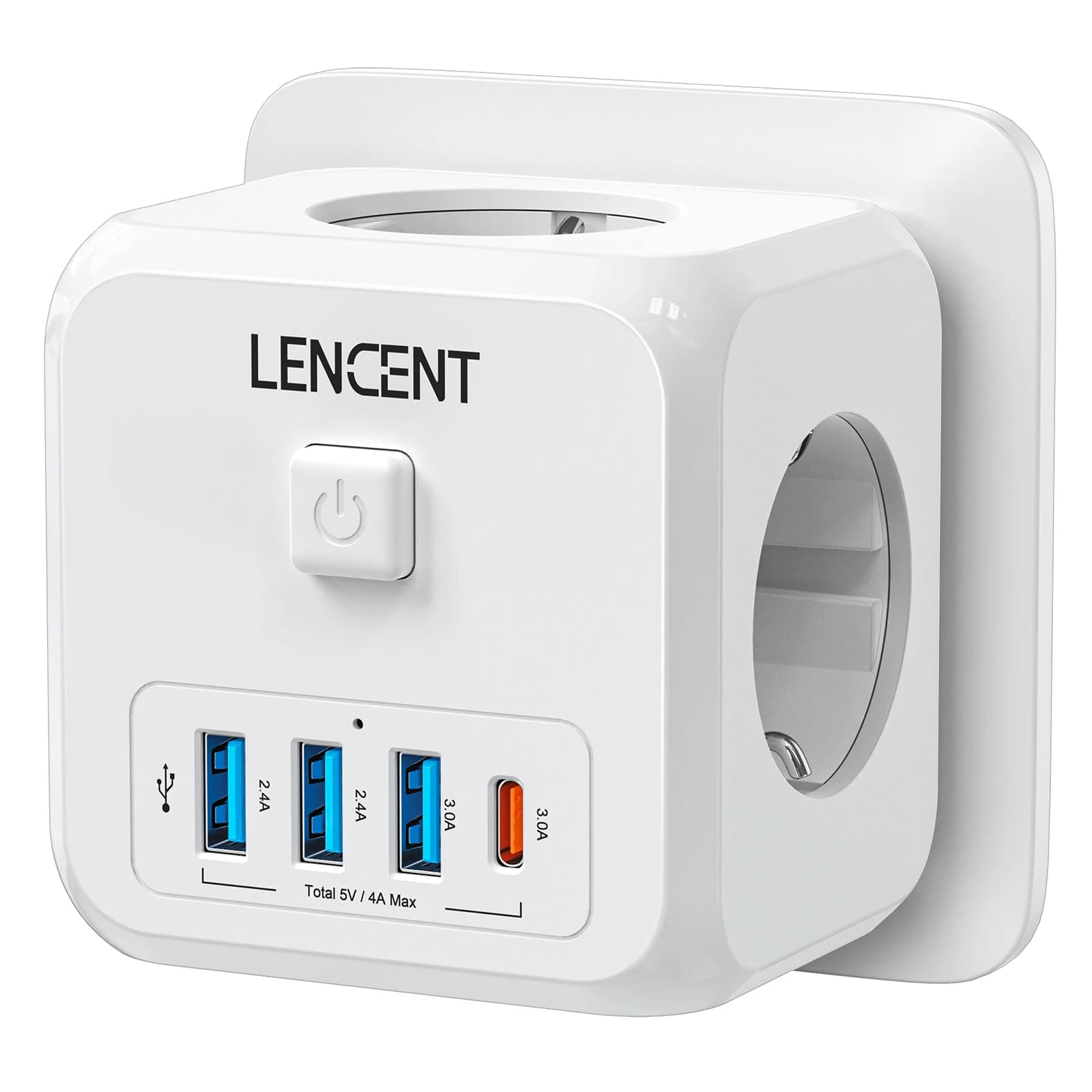 LENCENT Prolunga per presa a muro con spina EU, 3 prese AC + USB-A + Adattatore caricabatterie Type C 5V/3A, Presa 7-in-1 con interruttore On/Off