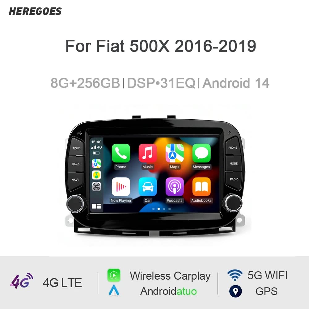 Autoradio DSP CarPlay 7" Android 15.0 8 Core 12GB RAM 256GB ROM GPS Multimediale per Fiat 500X 2016-2019