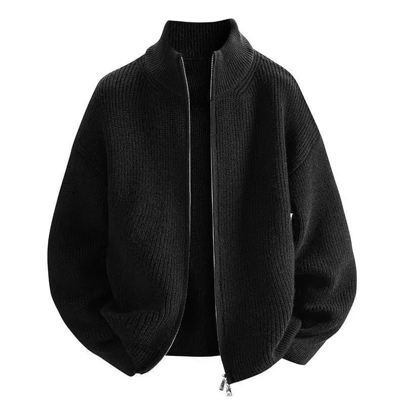 Men Stand Collar Zip Up Loose Drop Shoulder Long Sleeve Knit Cardigan Jacket