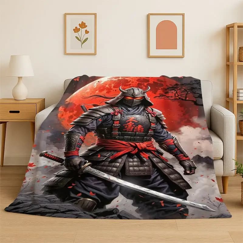 Japan Samurai Art Bushido Katana Cartoon Flannel Blanket Soft Throw Blanket for Bedroom Living Room Bed Travel Camping Nap Gift