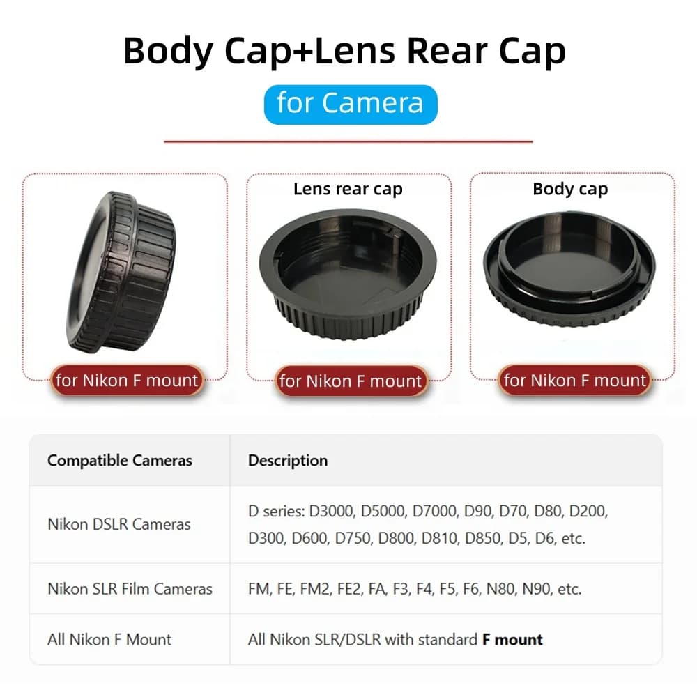 Camera Body Cap Lens Rear Cap Cover for Nikon D750 D850 D810 D800 D7000 D90 D3000 D5000 FE FM2 FE2 F5 F Mount DSLR Accessories