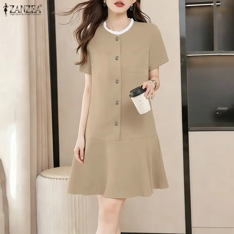 2026 ZANZEA Fashion Summer Sundress Women Elegant Work Party Dresses Short Sleeve Knee Length Dress Stylish Holiday Vestidos