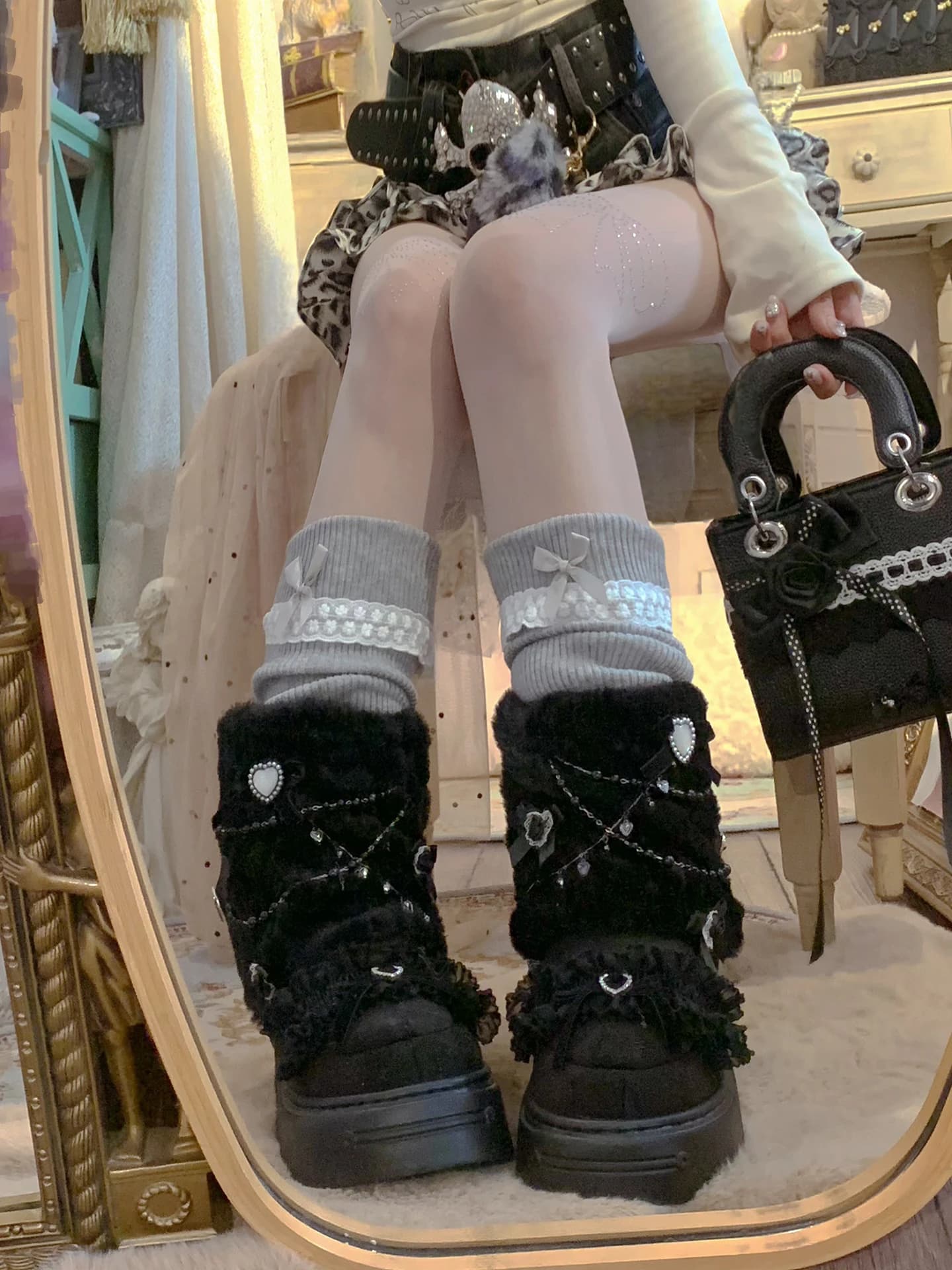 Pinkyo Stivali neri originali Autunno/Inverno Stivali lunghi in pelliccia di coniglio imitazione alta calda Stivali da neve per ragazze Sweet Lolita