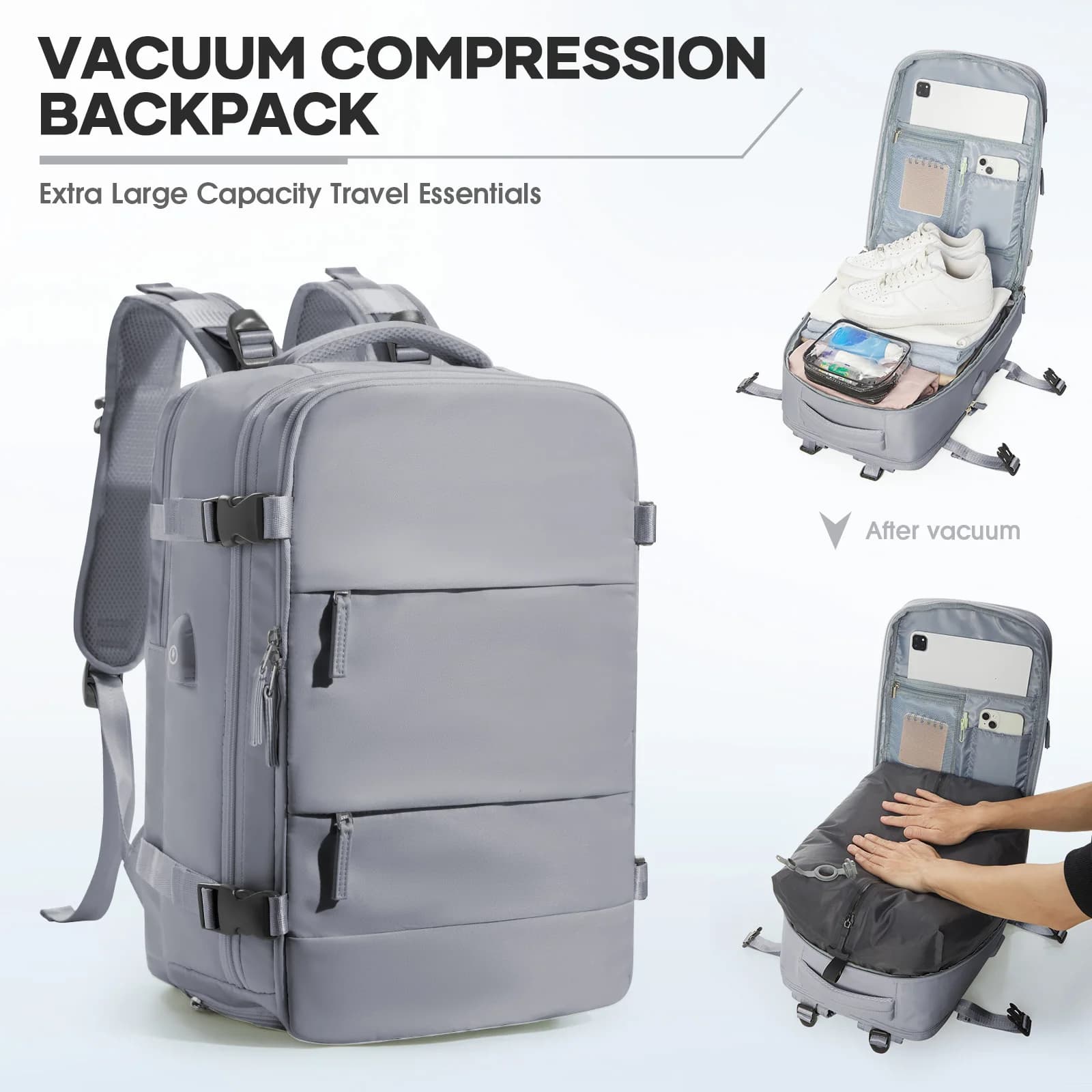 Zaino da viaggio grande sottovuoto con pompa per donna uomo, zaino per bagaglio a mano con effetti personali 47x33x20 cm, borsa da scuola per laptop