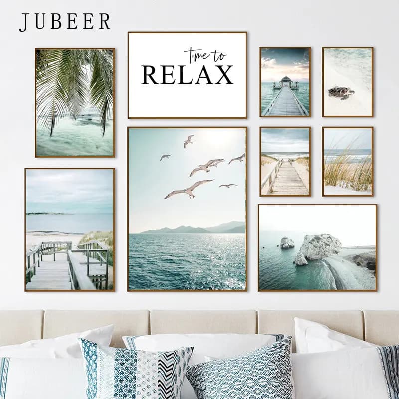 Beach Sea Ocean Poster Wall Art Canvas Painting Bridge Leaves Turtle Seagull Print Vibrant Summer Picture Nordic Home Decorat