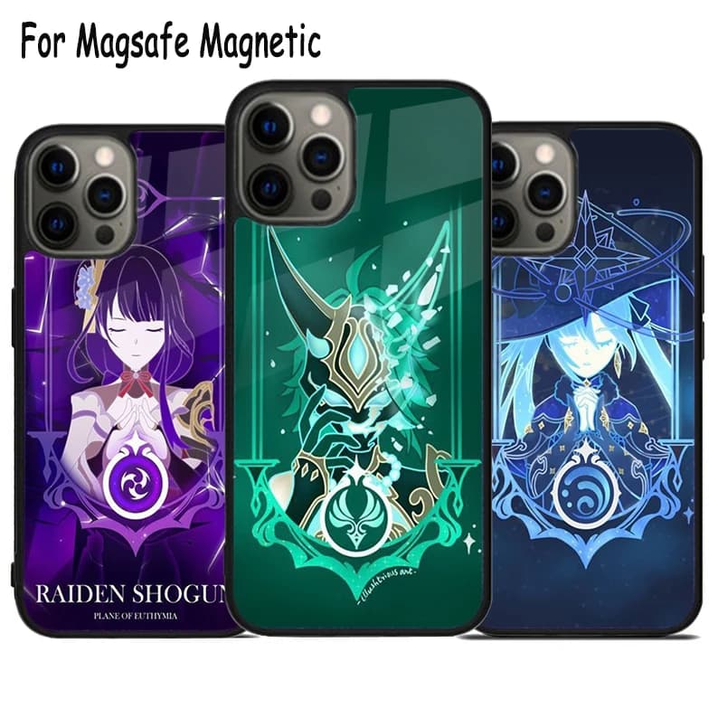 Cover Magnetica Wireless per iPhone 17 Air 15 16 16e 14 13 11 12 Pro Max Plus con Ricarica Wireless, Tema Anime Genshin Impact, Compatibile Magsafe