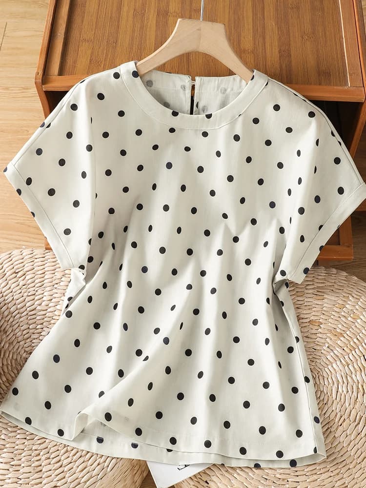 Casual Chic Polka Dot T-Shirt Loose Short Sleeve round Neck plus Size Women's Summer New Style Comfortable Breathable Cotton Top