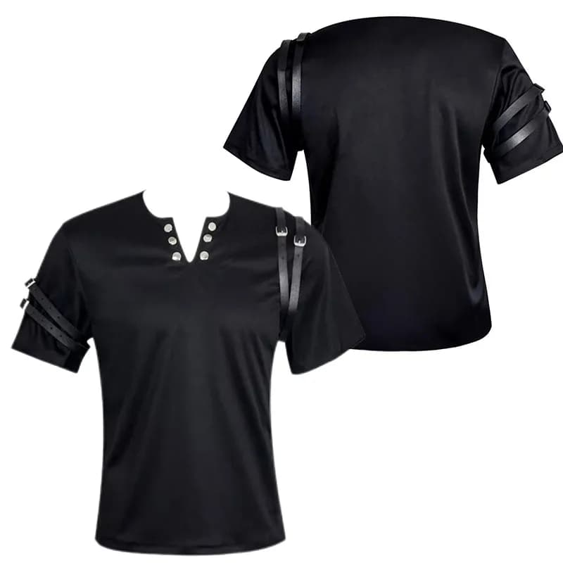 2026 New Michael Jackson BAD Black Short Sleeve T-Shirt With Buckle Straps King Of Pop Cosplay Performance Clothes For Adults