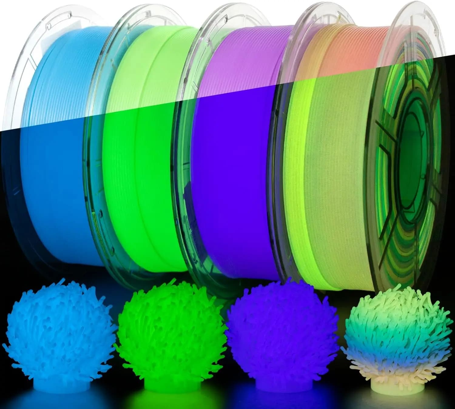 Filamento PETG Luminoso al Buio 1.75mm, Confezione da 4KG Multicolore, Filamento per Stampante 3D, 4 Rotoli