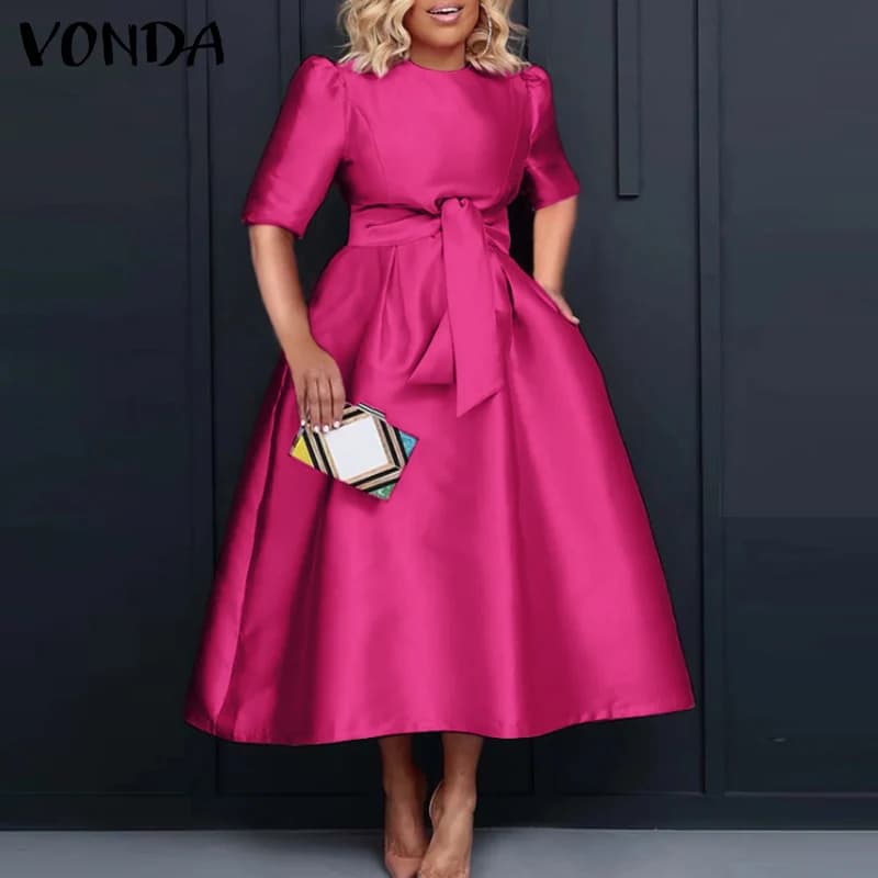 VONDA Plus Size 5XL Elegant Satin Summer Midi Dress Women Short Sleeve Fashion Party Vestido Casual Belted Loose Solid Long Robe