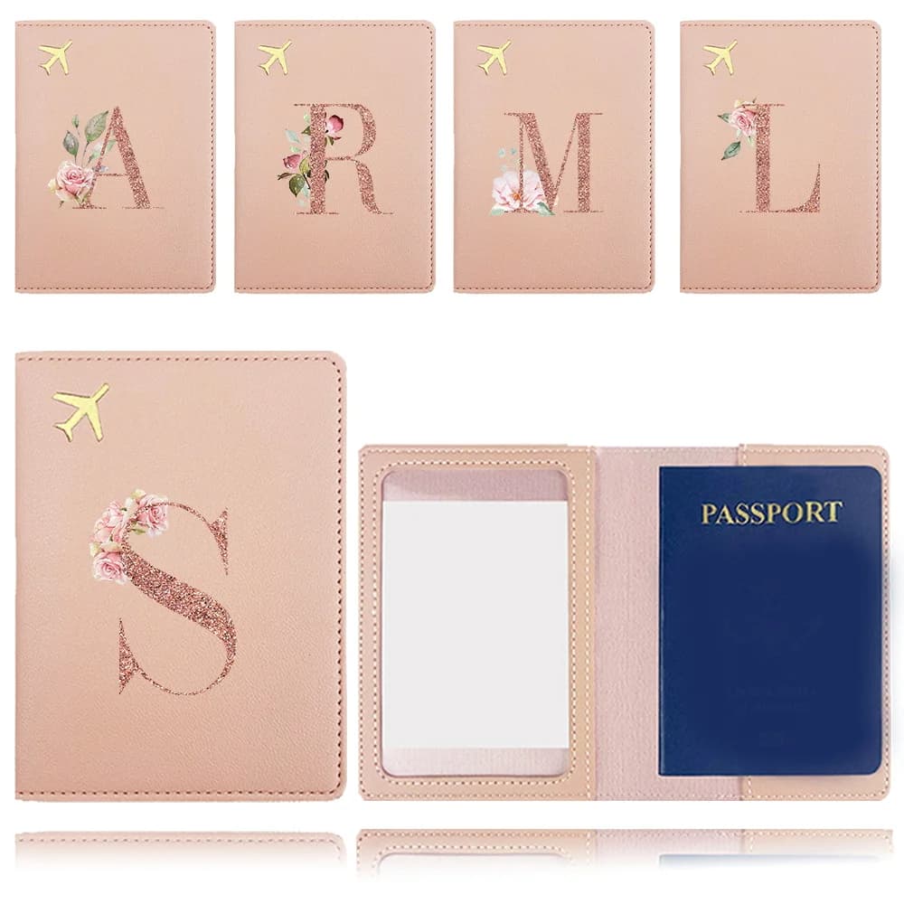 Custodia per passaporto in Pu custodia per passaporto portatile custodia per porta carte di credito tascabile custodia per passaporto aziendale con motivo a lettera in oro rosa