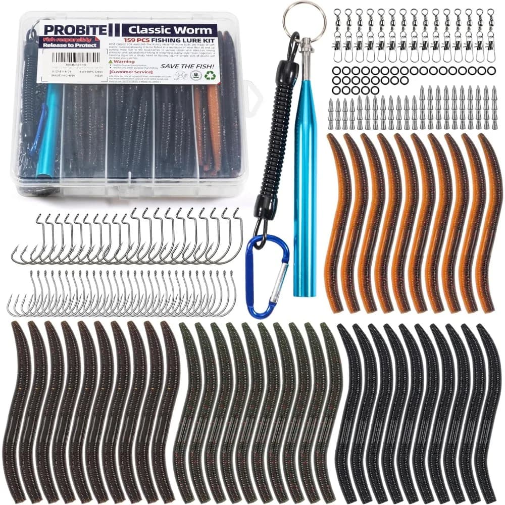 Kit di 159 Esche Morbide a Forma di Verme con Ami, Anelli, Pesi, Girelle e Scatola Porta Attrezzi per la Pesca al Bass