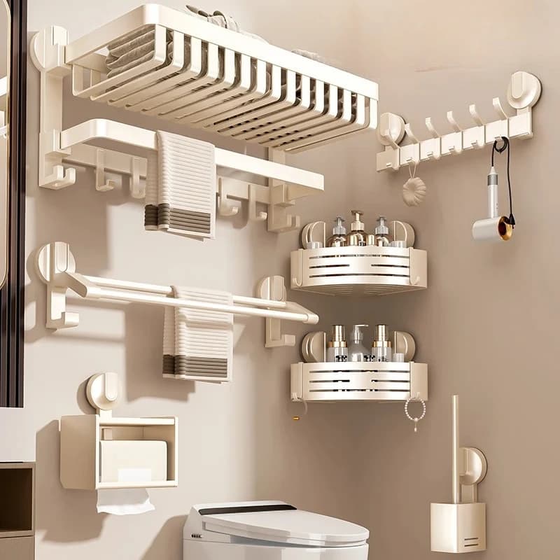 Portasciugamani a ventosa senza trapano - Portaoggetti da parete per organizer da bagno stile crema, portaoggetti salvaspazio, portasciugamani impermeabile