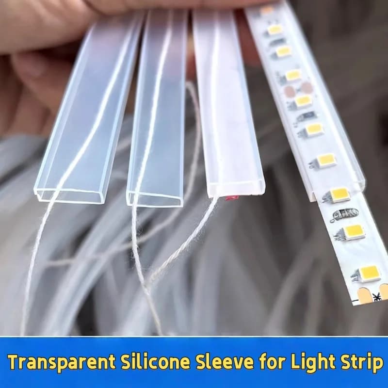 Striscia LED trasparente impermeabile con custodia in silicone per esterni, tubo da 8/10/12 mm, diffusore con tappi terminali e clip di fissaggio.