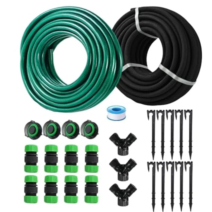Tubo da Giardino in Gomma Personalizzabile da 1/2 Pollice, 75 Piedi, con Sistema di Irrigazione a Goccia in PVC da 50 Piedi, Nero, per Fiori, Aiuole, Prato e Orto