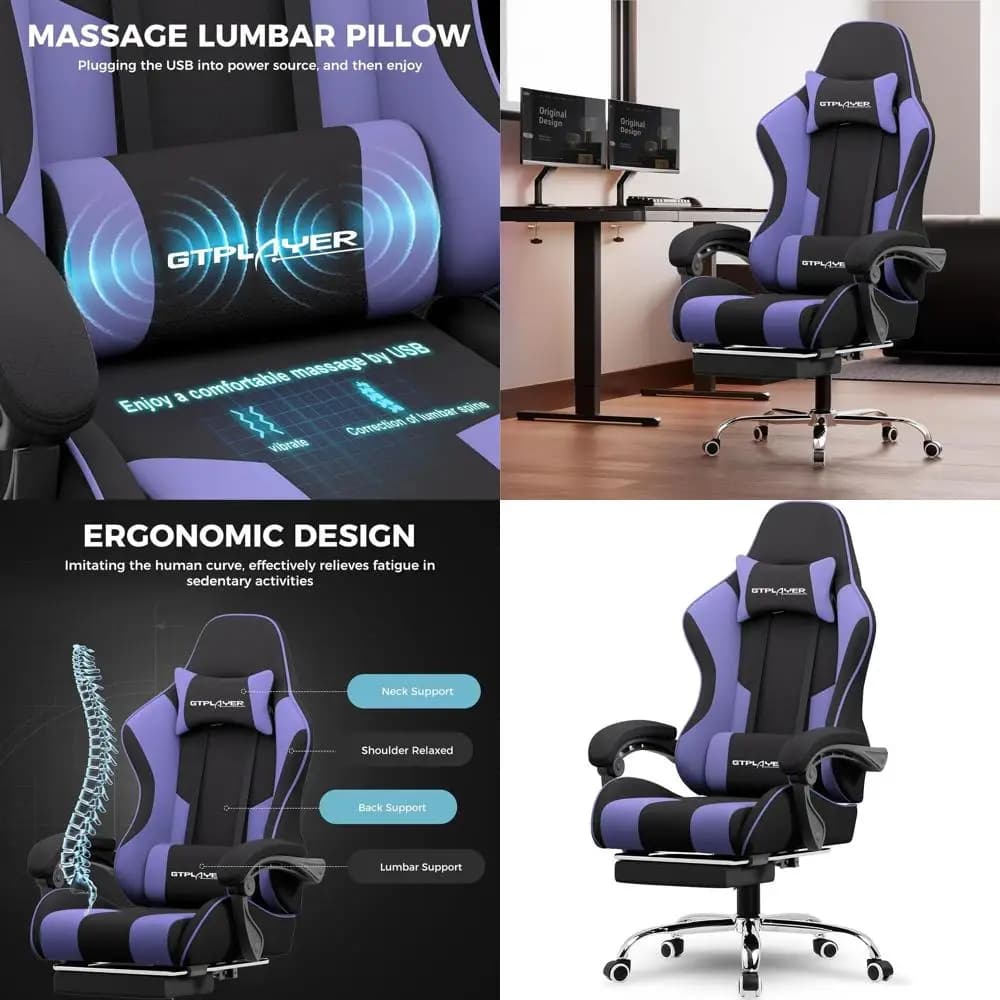 Sedia da gaming in tessuto viola con poggiapiedi, supporto lombare, regolazione dell'altezza, rotazione a 360° ° Sedia Girevole con Poggiatesta per Ufficio o Gaming