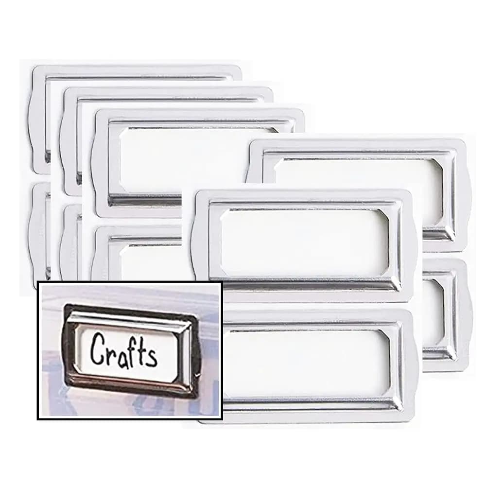 Etichette Metalliche Autoadesive per Libri e Carte, 10 Pezzi, Portaetichette Orizzontali con Clip - Portaetichette in Metallo per Cassetti, Argento