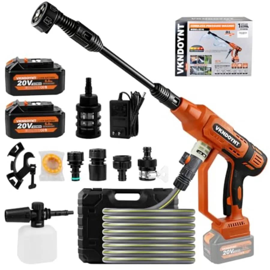 Idropulitrice Portatile Senza Fili con Connettore per Rubinetto e Tubo da Giardino, 2 Batterie da 5.0AH, Pressione Massima 2000PSI