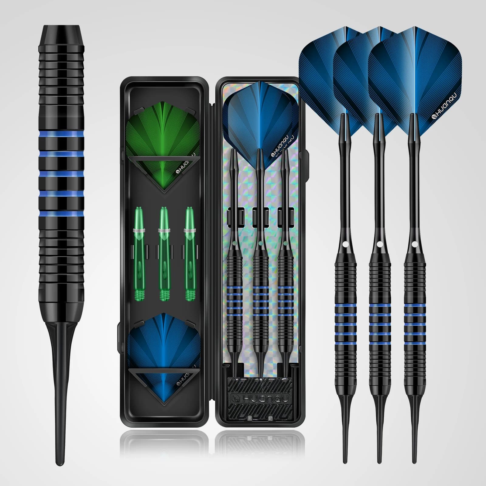 Huanqu 19g Professional Soft Tip Dart Set, 3 Competitive Darts, Blue and Green Dual-Color Non-Slip Iron Dart Shafts, 2Ba Universal Interface, Equipped with Spare Soft Tip Dart Heads, Dart Shafts, Pet Dart Wings, and a Portable Storage Box, Suitable for Electronic Dart Board Training, Club Competitions, Home Entertainment, and Bar Games.