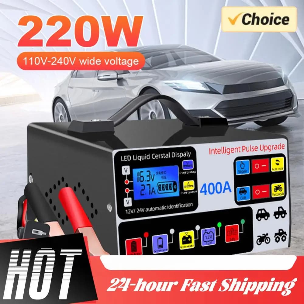 Car Charger with LCD Display, High Power Fast Charger, Impulse Intelligent Charger for Batteries Repair