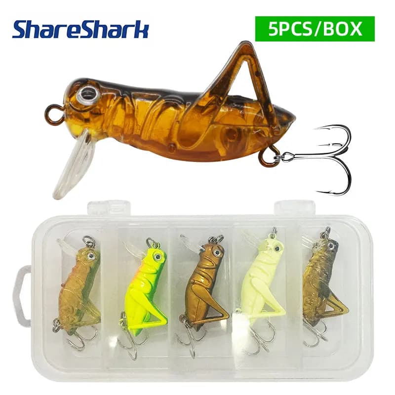 ShareShark 5Pcs/box Grasshopper Fishing Lure Hard Plastic Artificial Insect Baits with Treble Hook Fishing Lure Set