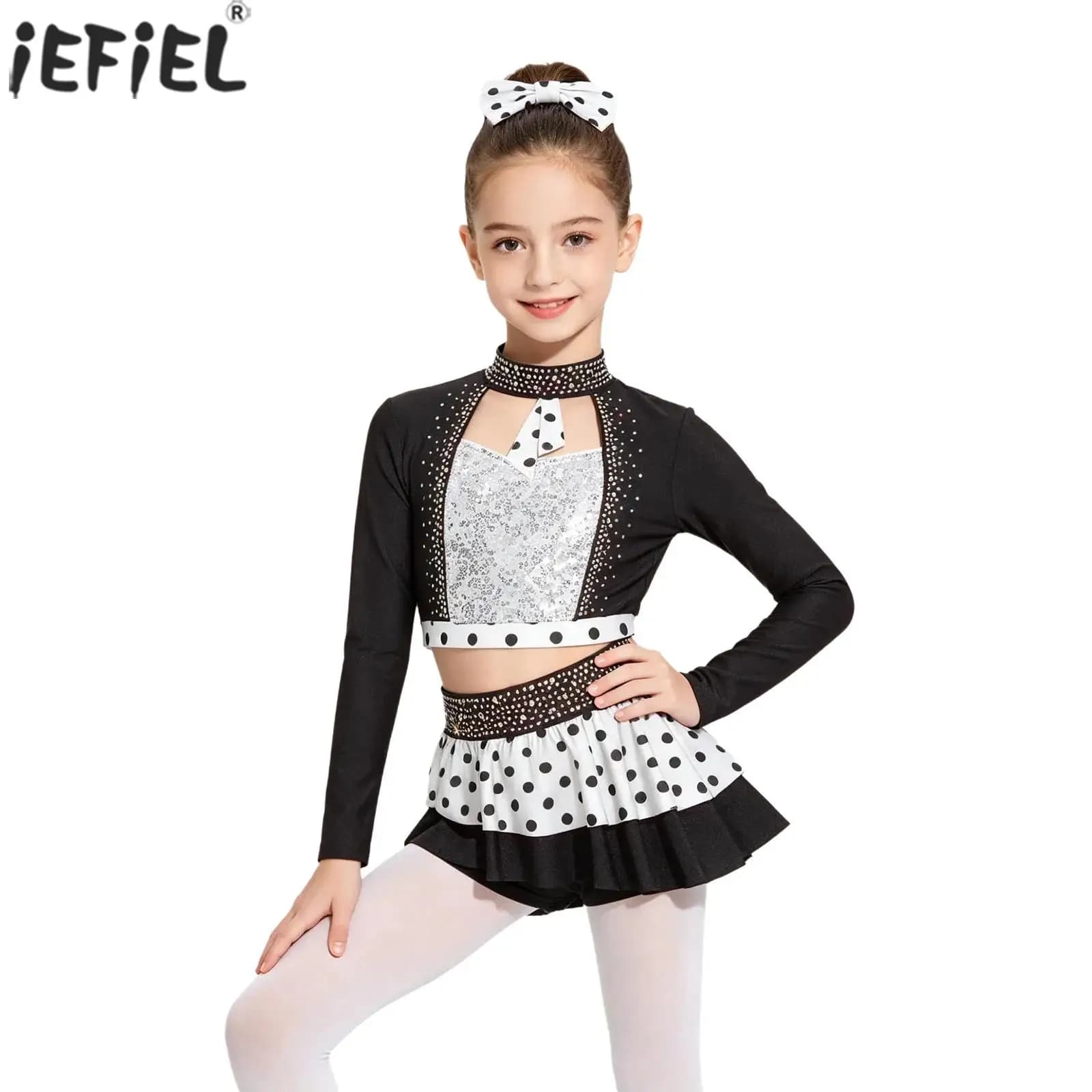 Girls Rhinestones Jazz Dance Outfit Long Sleeve Sequins Crop Top with Skirted Shorts for Ballet Figure Skating Modern Dancewear