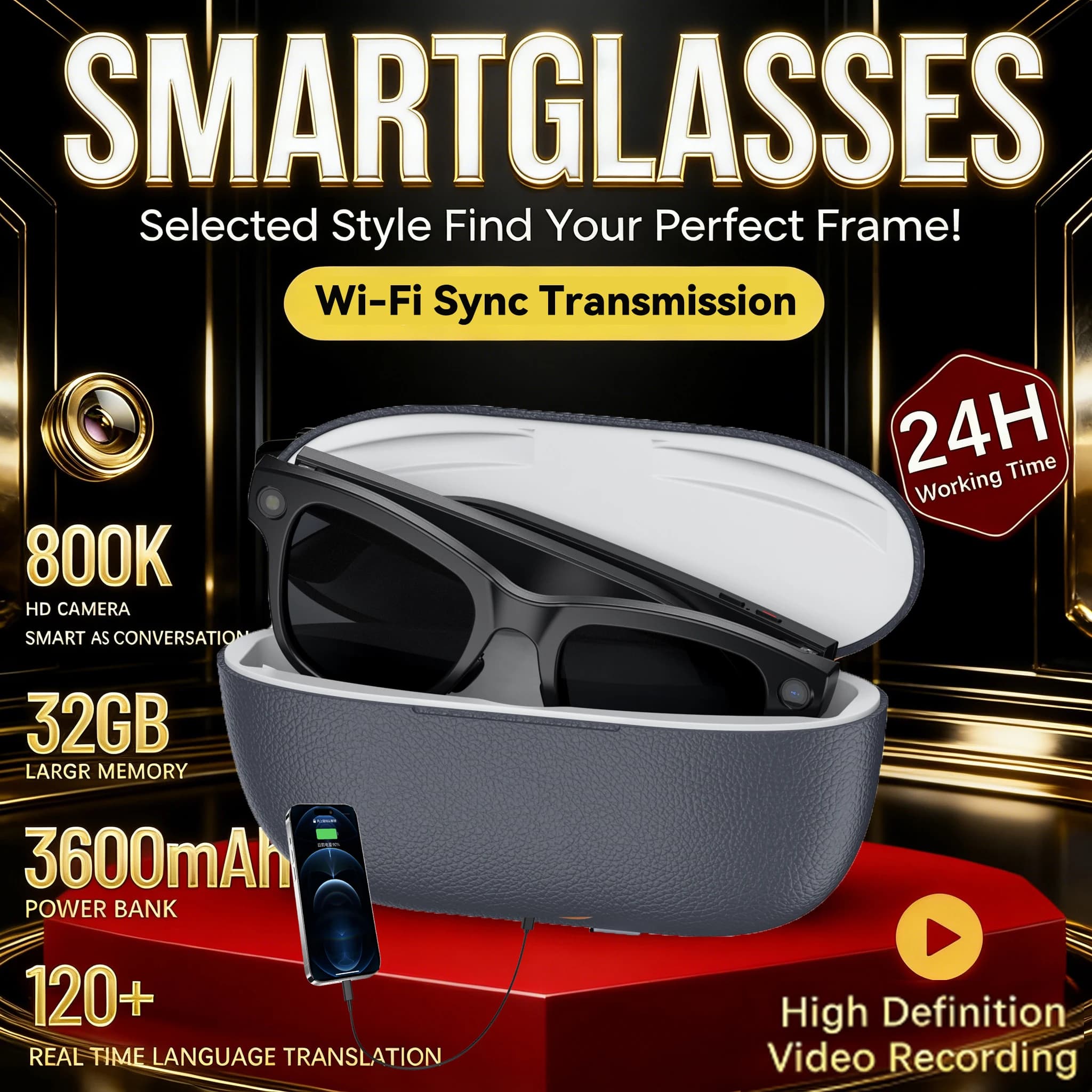 2026 New AI Smart Glasses 4K 8MP HD Camera Video 3600mah100+ LanguagesTranslation WiFi Sunglasses Bluetooth Call Music Men Womer