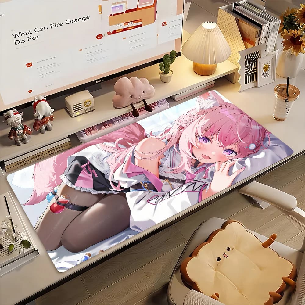 Tappetino per mouse da gaming grande, base antiscivolo, bordi cuciti, stampa con simpatica ragazza anime con capelli rosa e coda soffice, per giocatori, ufficio, casa