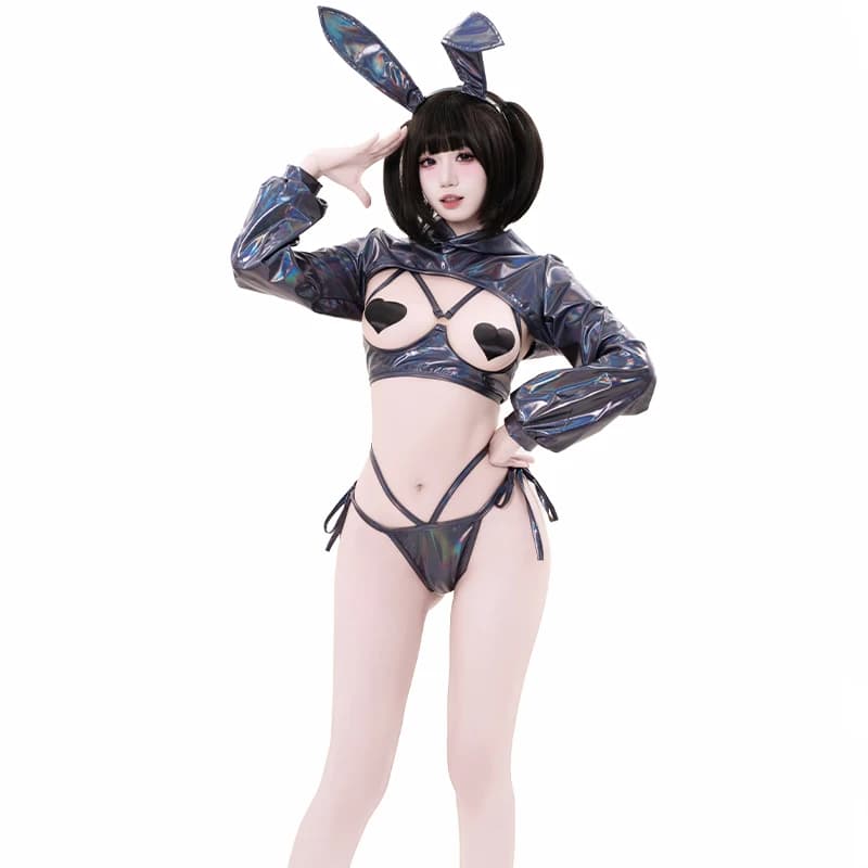 SENMHS new Sexy Lingerie Anime Bunny Girl Cosplay Pink Laser Patent Leather Top Bikini Rabbit Girl Shiny Halloween Underwear