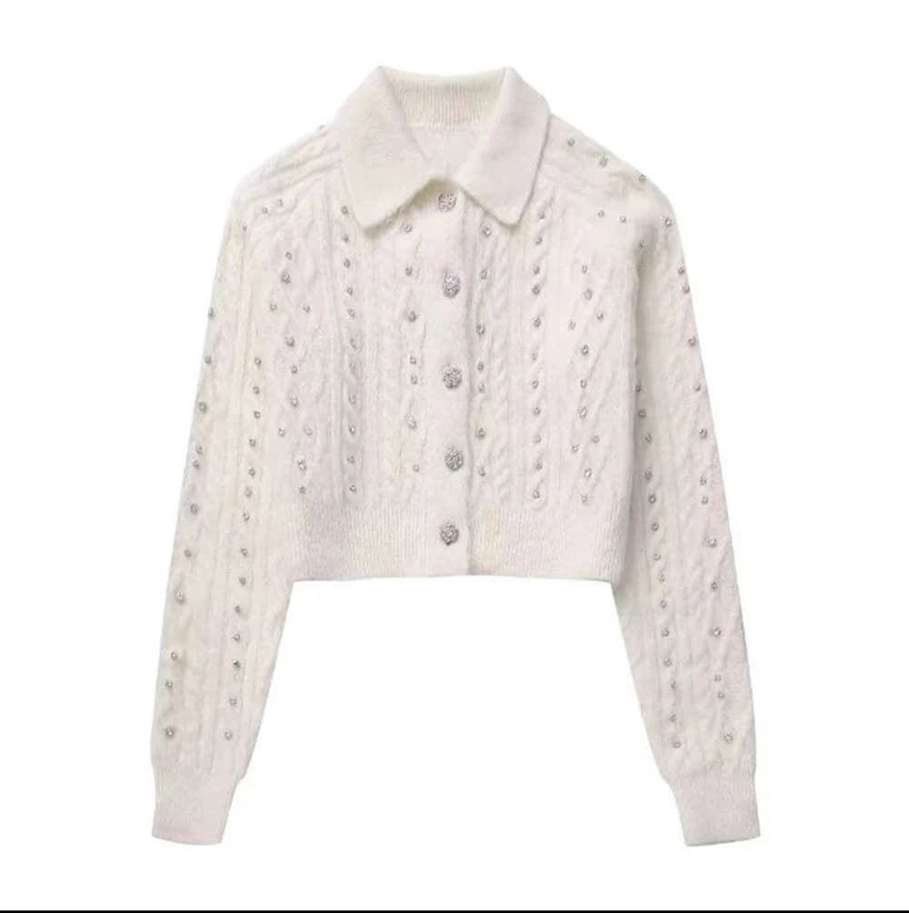 Cardigan corto lavorato a maglia con diamanti impreziosito da donna Autunno Inverno Nuovo abbigliamento da donna da ufficio monopetto chic di lusso