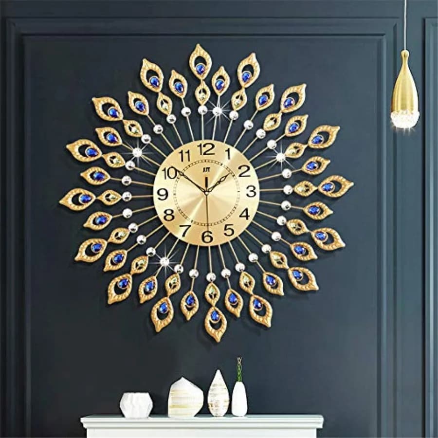Grande Orologio da Parete per Arredamento Soggiorno, Orologio Decorativo a Forma di Pavone con Cristalli da 24 Pollici, Funzionamento a Batteria Senza Ticchettio per Cucina