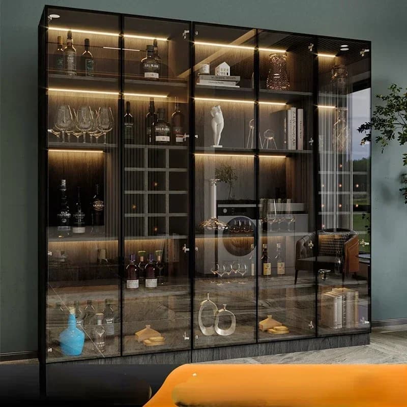 Pratico grande armadietto per il vino con anta in vetro, vetrina di lusso leggera contro il muro, credenza in legno massello, Li integrata