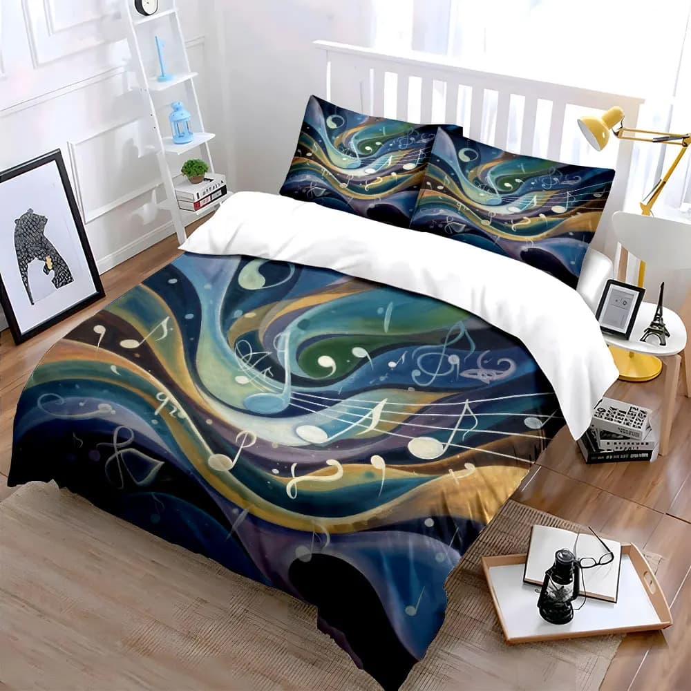 Set di biancheria da letto con copripiumino morbido e confortevole con disegni di note musicali, include 1 copripiumino e 2 federe, regalo