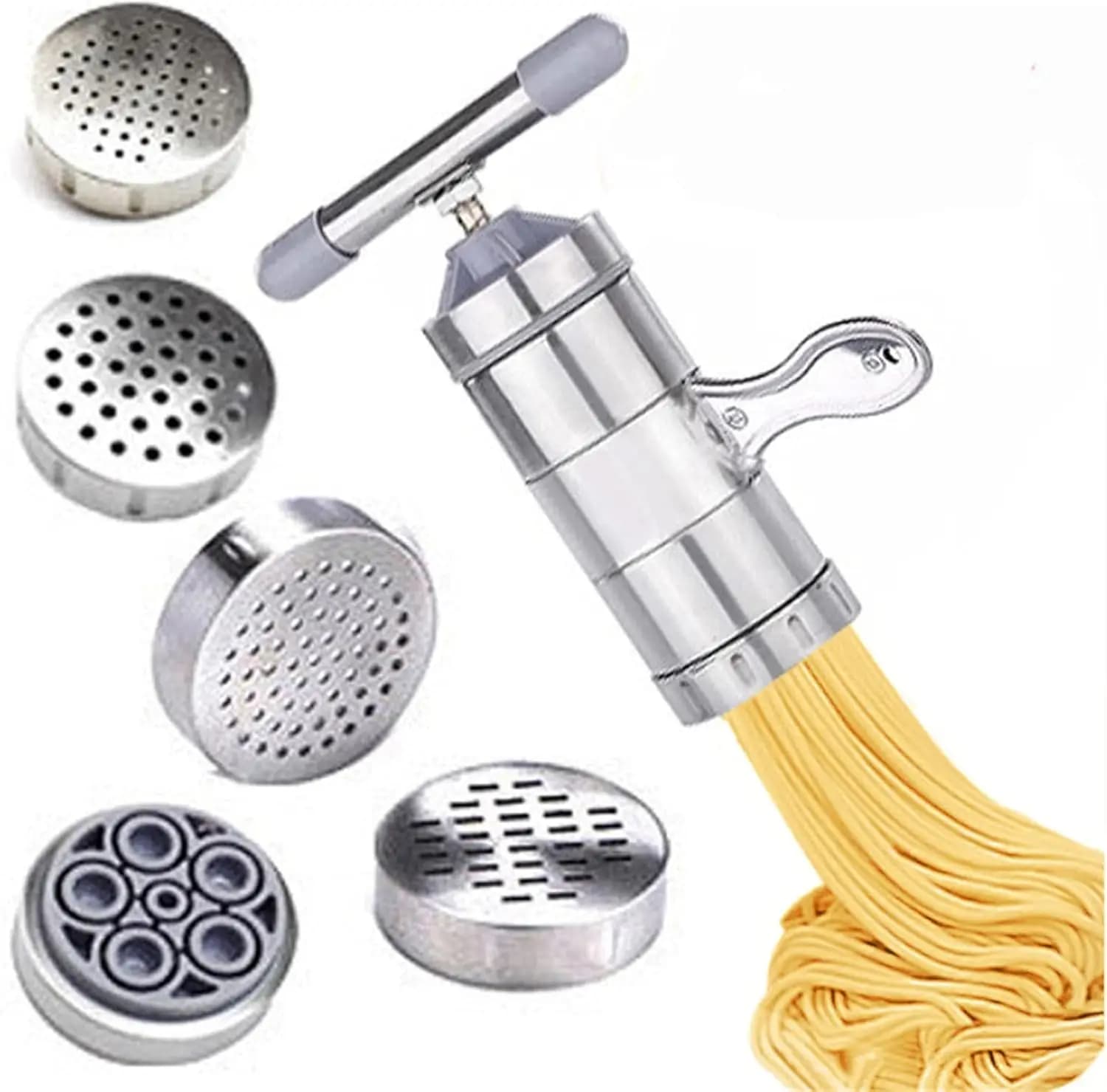 Pressa Manuale per Noodles in Acciaio Inox con 5 Stampi, Macchina per Pasta a Manovella e Spremiagrumi (18,5x14cm)